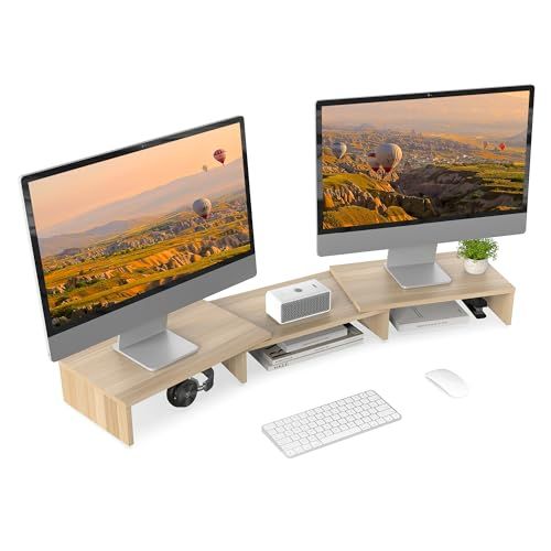 FITUEYES Réhausseur d'Écran en Bois,Support de Moniteur Réglable,Support d'Ordinateur Portable,PC,TV,Imprimante - pour 2 Moniteurs,92,5-108x23,5x10,2cm,Couleur Chêne
