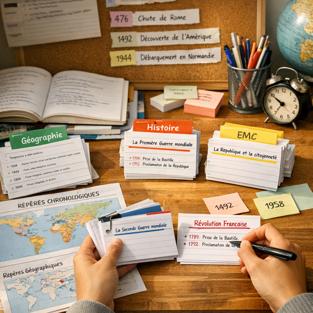 Programme du brevet d’histoire-géographie et EMC&nbsp;&nbsp;: répartir ses fiches sans oublier les repères