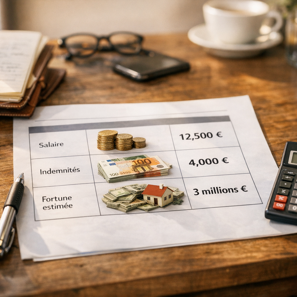 Tableau des montants évoqués&nbsp;: salaire, indemnités et fortune estimée
