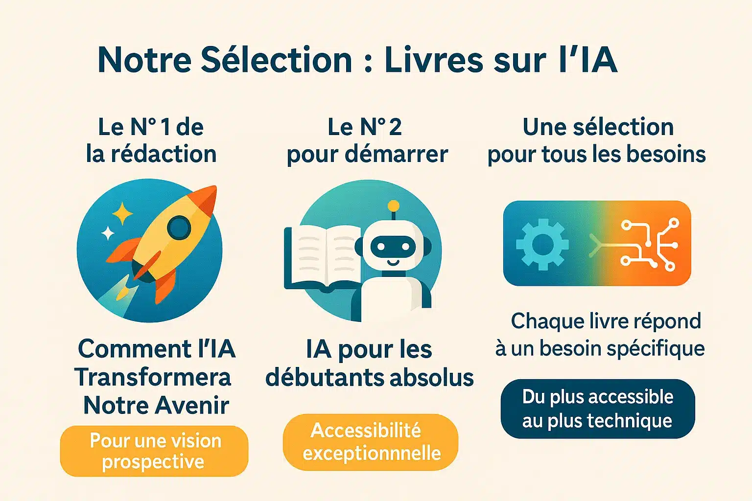 <strong>Notre sélection de livres sur l’IA</strong>« ></p>
<p>Notre sélection propose des livres adaptés à tous, du novice à l’expert. Comment l’IA Transformera Notre Avenir s’impose par sa <strong>vision prospective sur les impacts sociaux, économiques et éthiques de l’IA</strong>, alliant réflexion stratégique et exemples concrets pour anticiper les transformations futures.</p>
<p>IA pour les débutants absolus brille par sa pédagogie. Sans jargon, il explique les concepts clés (machine learning, deep learning) via des exemples simples, parfait pour les novices. <strong>Les autres titres ciblent des besoins précis</strong> : <em>C’est décidé, je me mets à l’IA !</em> pour s’initier, <em>Voyage au bout de l’IA</em> pour les bases techniques, et <em>Tout comprendre (ou presque) sur l’intelligence artificielle</em> pour un équilibre théorie/pratique.</p>
<h2 id=